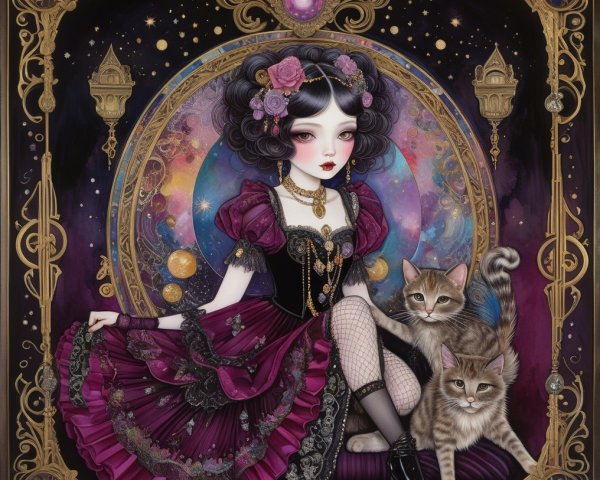 Whimsical illustration of a girl in a purple gown