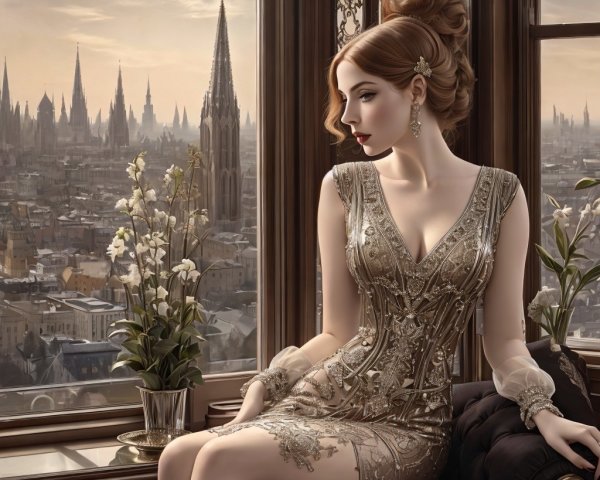 Glamorous Woman in Beaded Gold Dress by Window
