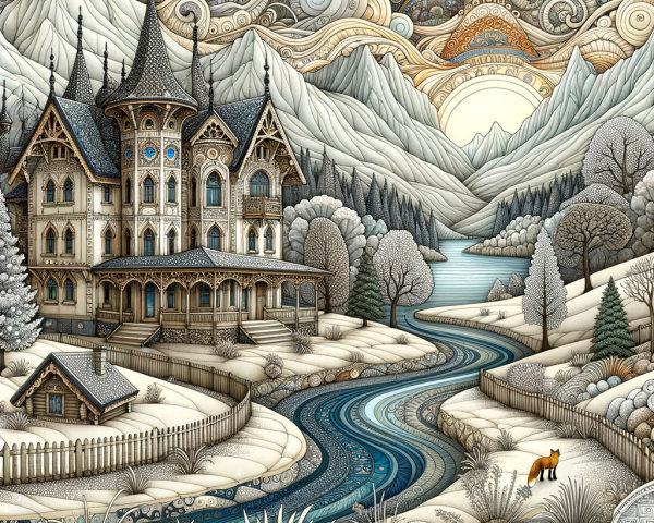 Whimsical Winter Landscape with Mansion and Fox