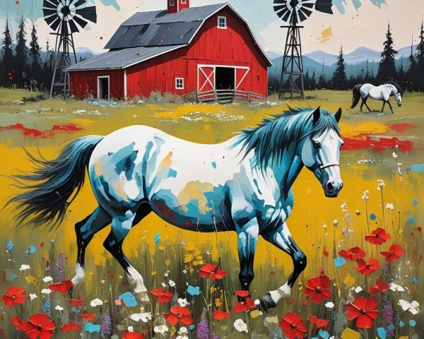 Countryside Scene with Horses and Colorful Wildflowers