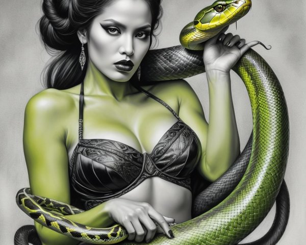 Monochrome Artwork of Woman with Green Snake