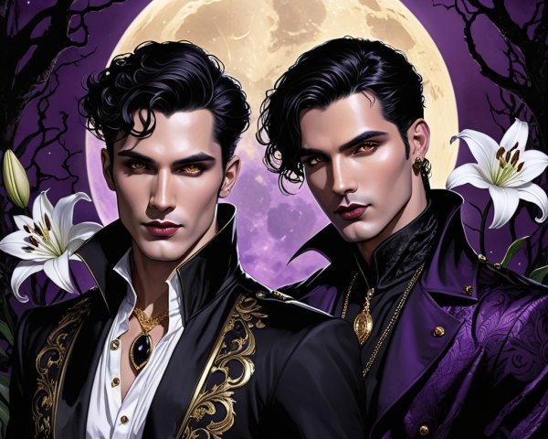 Elegant Young Men in Luxurious Outfits by Full Moon