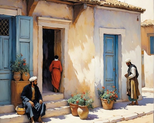 Sunlit Village Scene with Traditional Attire and Architecture