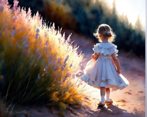 Young girl in white dress walking through lavender path