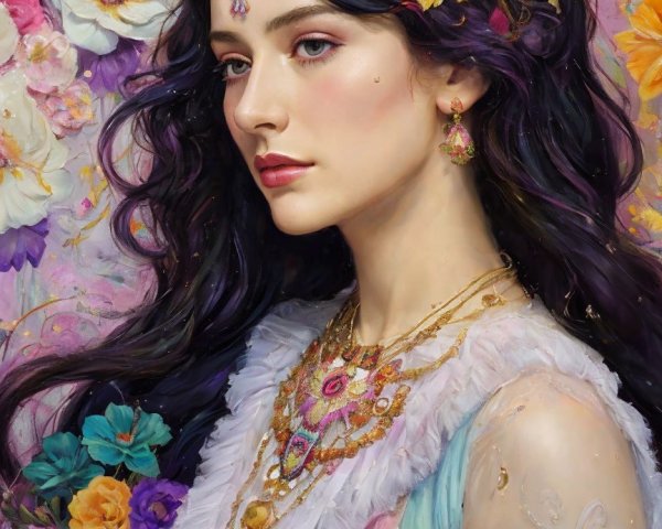 Elegant Woman with Dark Hair and Floral Background