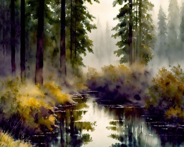 Tranquil Forest Scene with Creek and Fog