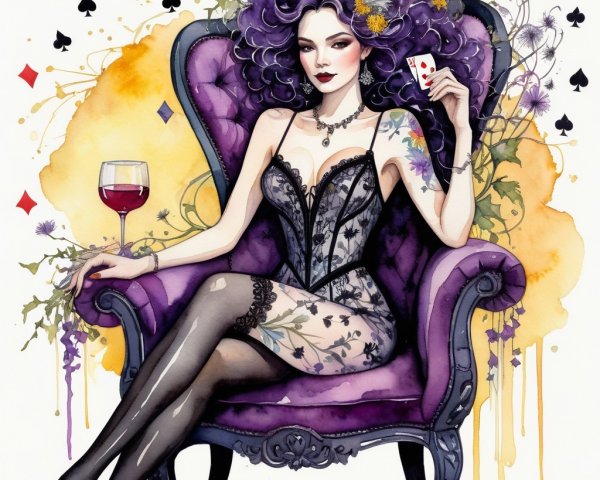 Glamorous Woman in Purple Chair with Playing Card and Wine