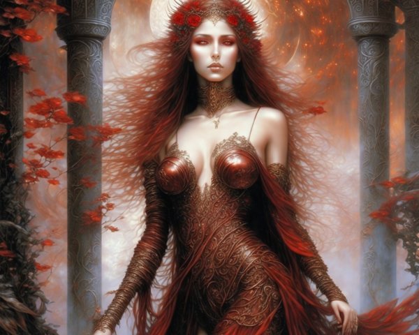 Mythical figure in bronze armor and flowing red garments