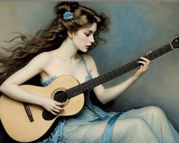 Ethereal Woman Playing Guitar in Floral Dress