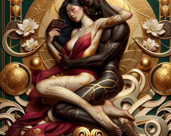 Intertwined Couple in Elegant Embrace with Floral Elements