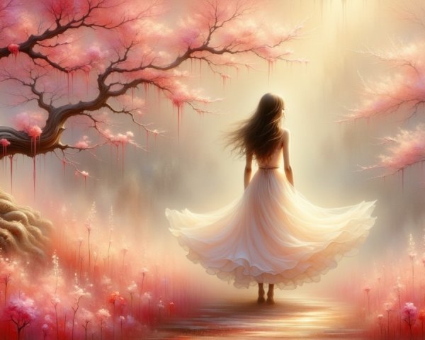 Young Woman in White Dress Among Cherry Blossoms