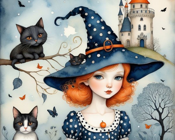 Whimsical Illustration of a Girl with Cats and Castle