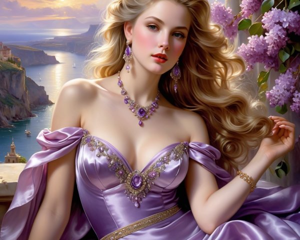 Elegant woman in lavender gown by coastal sunset