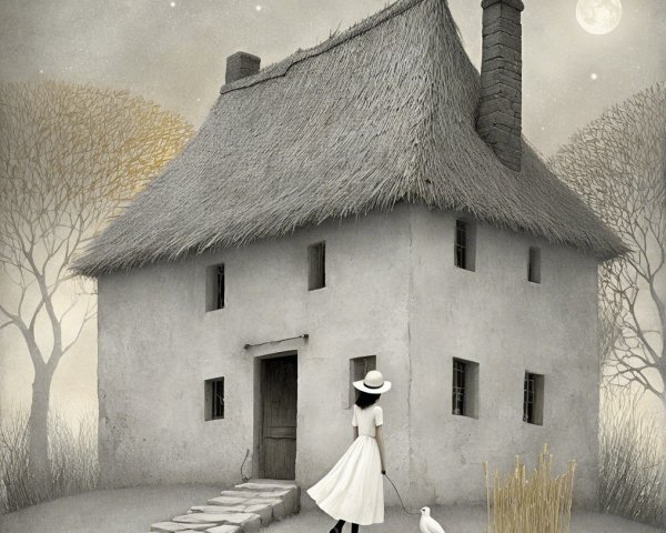 Moonlit Cottage Scene with Woman and White Bird