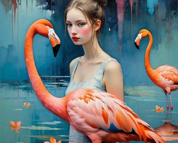 Young Woman in Shallow Water with Flamingos and Lilypads