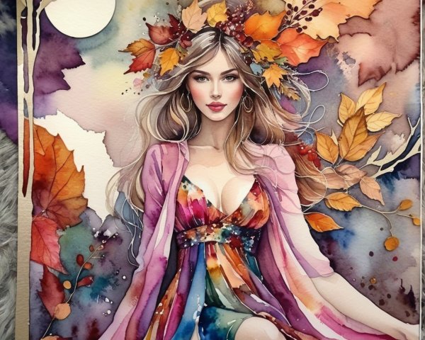 Vibrant Watercolor of Woman with Autumn Leaves