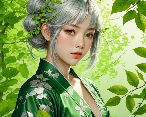 Young woman in green kimono among lush greenery