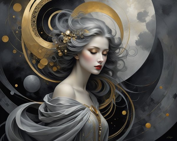 Ethereal Woman with Gray Hair and Celestial Background