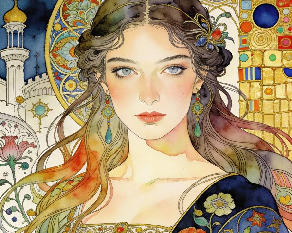 Elegant Woman in Floral Adornments and Ornate Dress