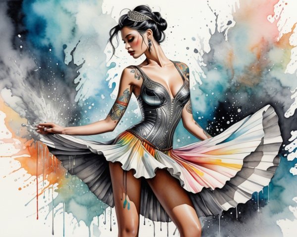 Elegant Woman in Detailed Dress with Watercolor Background