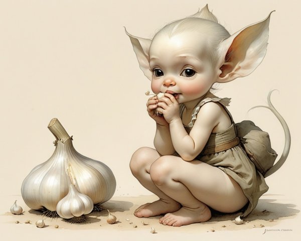 Whimsical Creature Nibbling Garlic in Fantasy Setting
