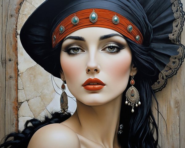 Striking Woman with Black Hair and Bold Makeup