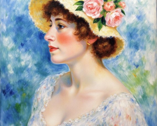 Young woman in straw hat with pink roses and lace blouse