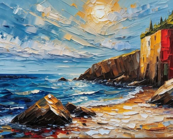 Vibrant Coastal Scene with Red Cliffs and Waves