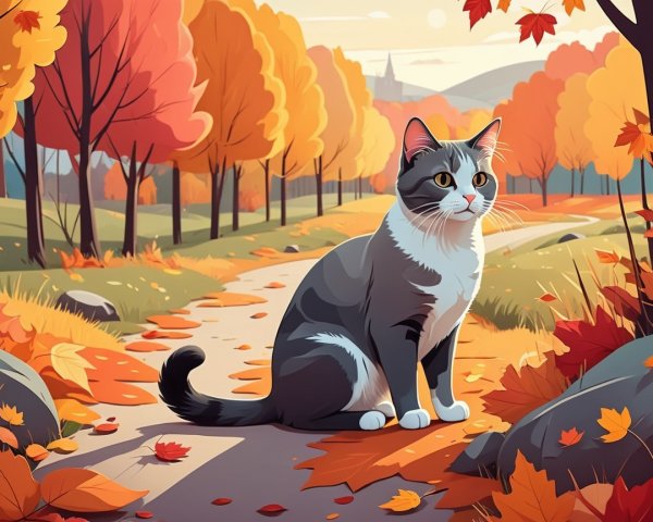 Autumn Scene with Cat Among Colorful Foliage