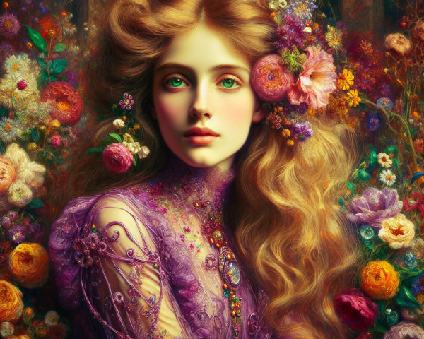 Young woman in purple gown with floral backdrop