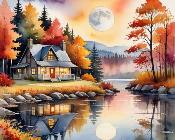 Cozy cabin by tranquil lake in autumn scenery