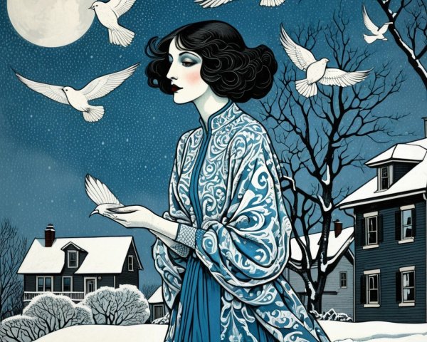 Winter Night Scene with Woman Releasing Doves