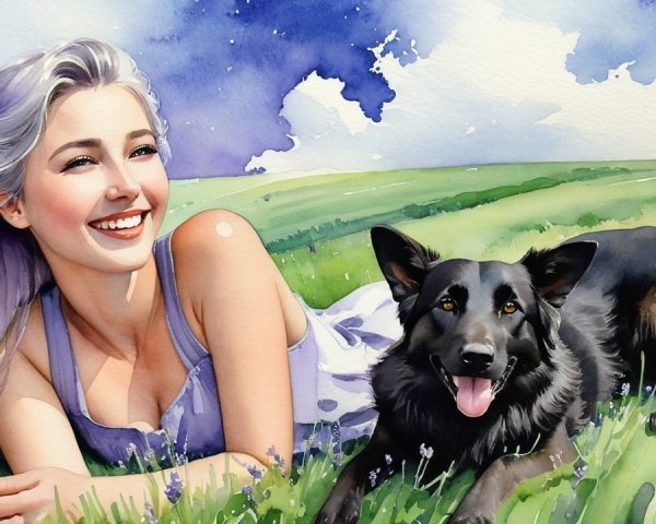 Watercolor Illustration of a Woman and Dog in Nature