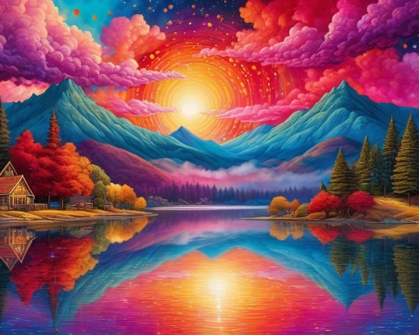 Vibrant Landscape with Lake and Sunset Reflection