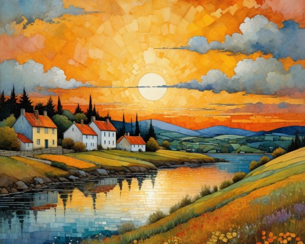 Vibrant Sunset Over a Gentle River Landscape