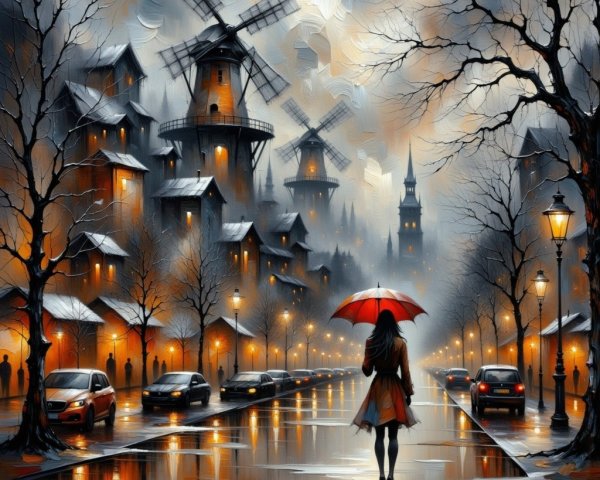 Atmospheric Scene of Woman with Red Umbrella in Twilight