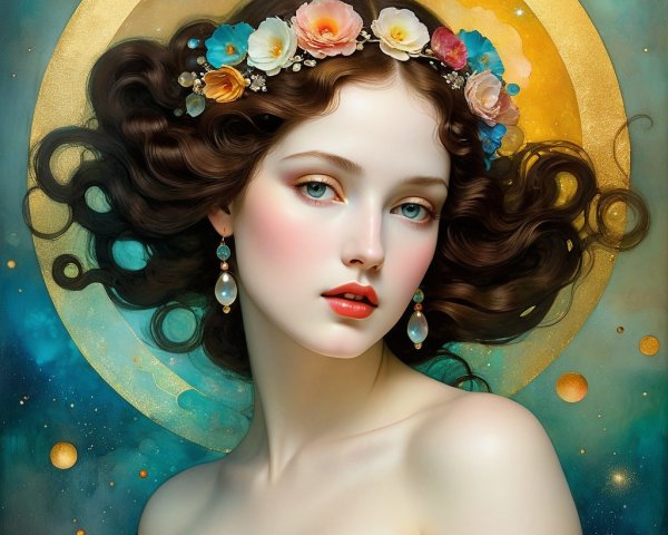 Young Woman in Floral Crown and Golden Gown