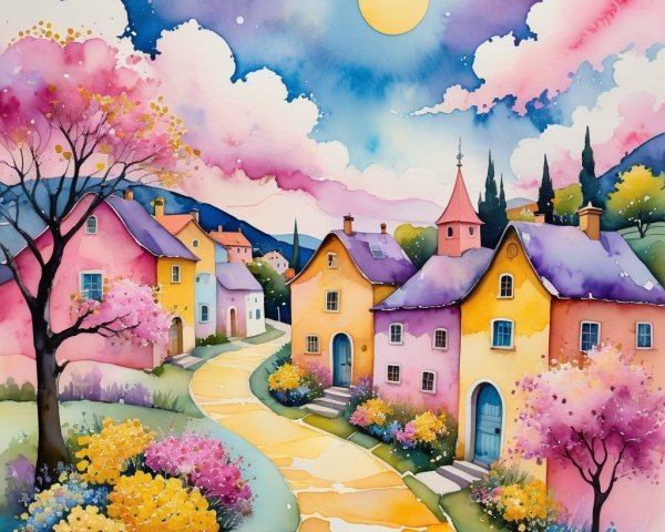 Whimsical Landscape with Colorful Houses and Flowers