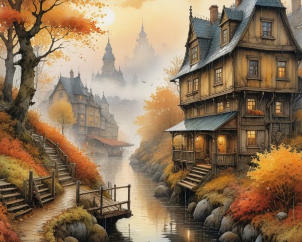 Autumn Landscape with Rustic Houses by a River