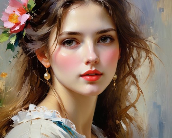 Portrait of a Young Woman with Flowing Hair and Flower