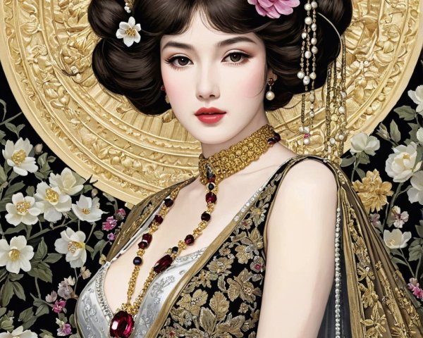 Elegant Woman with Floral Hairstyle and Embroidered Garment