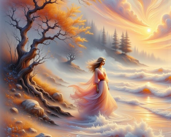 Serene Coastal Sunset with Woman in Flowing Dress