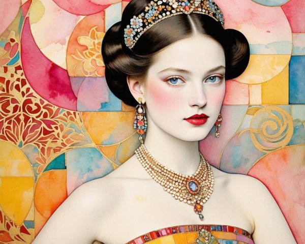 Young woman in colorful gown with blue eyes and tiara