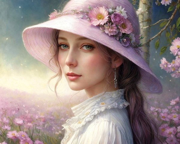 Young Woman in Pink Hat Amidst Dreamy Flower Field