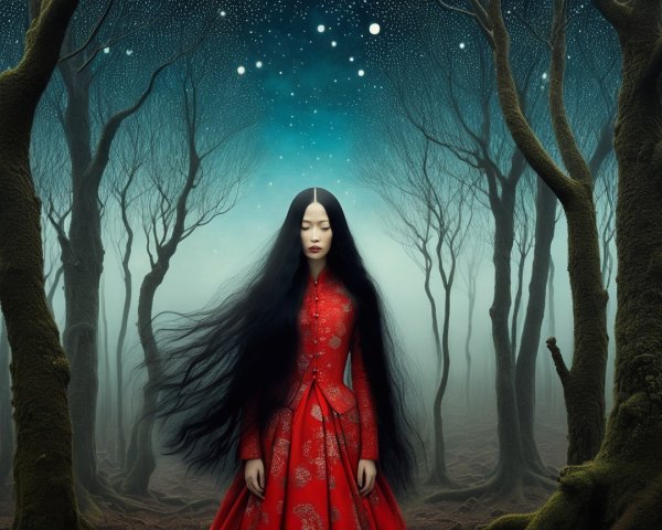 Woman in Red Dress in Enchanted Forest at Night