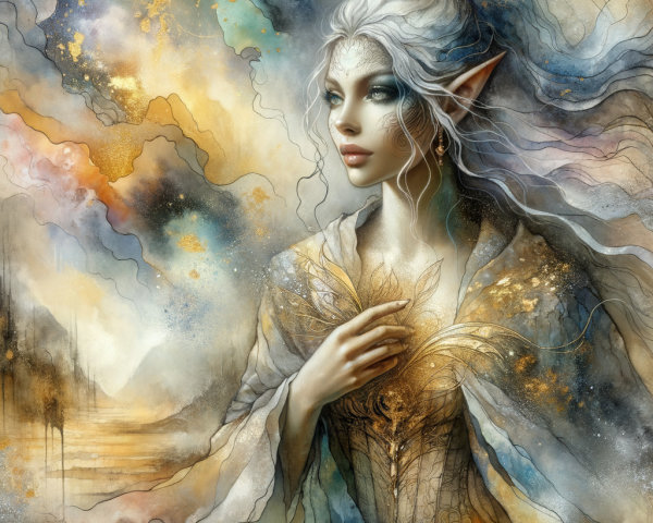 Ethereal Fantasy Character with Silver Hair and Gown