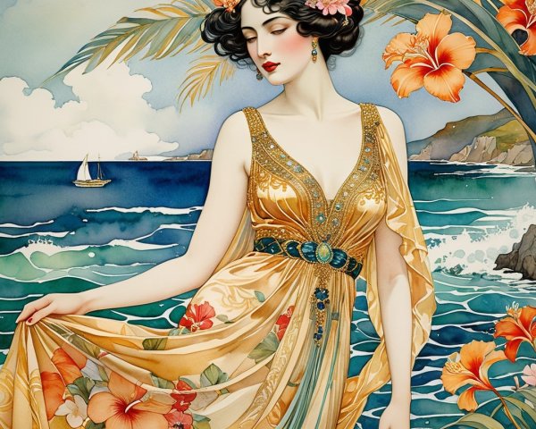 Serene Woman in Golden Dress by Tropical Ocean