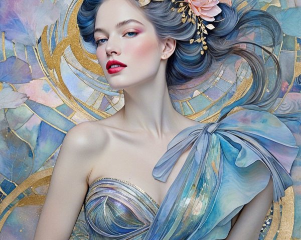 Serene figure in flowing blue gown with floral accents