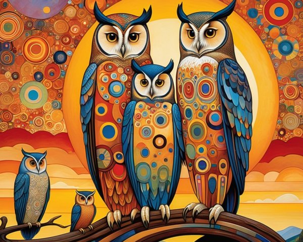 Vibrant Scene of Five Colorful Owls on a Branch
