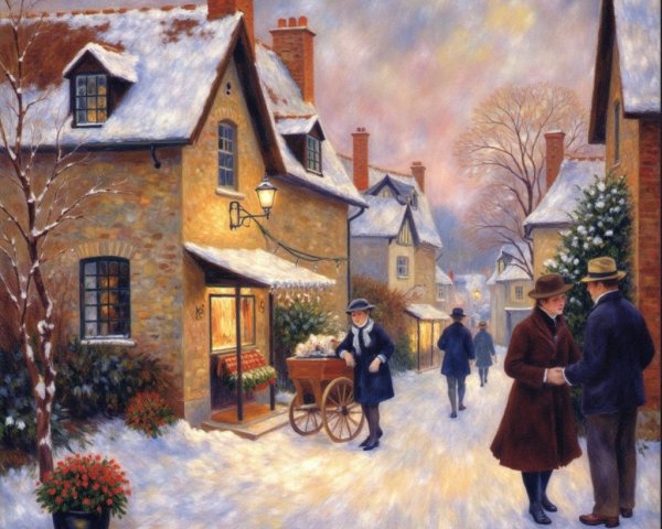 Snow-Covered Village Scene with Vintage Winter Charm
